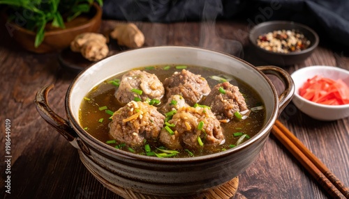 Savory beef meatballs nestled in rich ginger-infused broth, steaming hot and garnished with fresh chives. A comforting and delicious Asian dish.