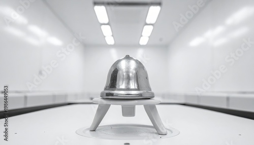 Small gleaming platinum crucible resting on a ceramic tripod in a modern laboratory setting, highlighting scientific equipment.