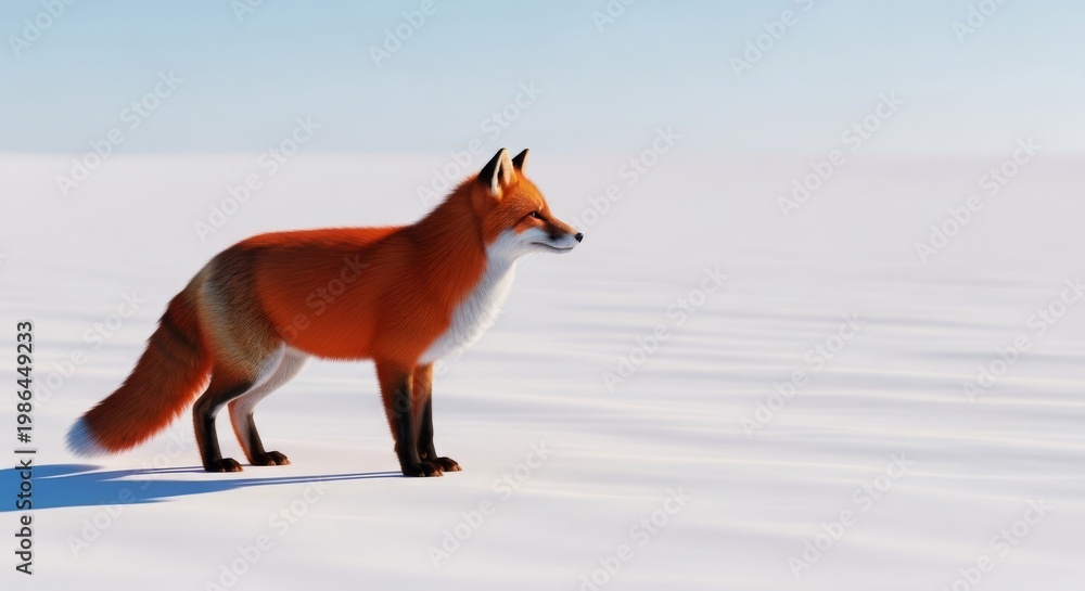 Fototapeta premium A bright red fox stands perfectly still in a vast snowy field, its head turned sharply toward the right side of the frame in profile, view, still, seasonal