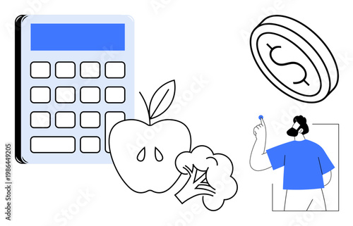 Financial management, healthy lifestyle, dietary decisions, budgeting, food choices, economics. A calculator, apple broccoli coin and person holding a coin. Financial management and healthy