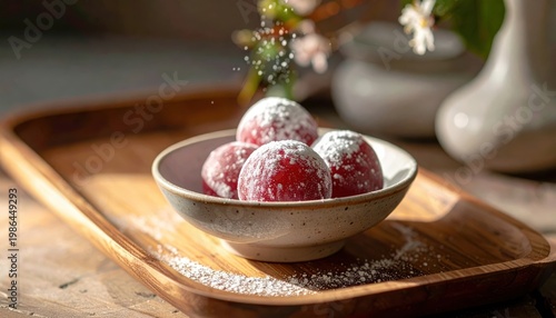 Sweet red bean paste mochi balls, dusted with powdered sugar, nestled in a shallow bowl on a wooden tray.