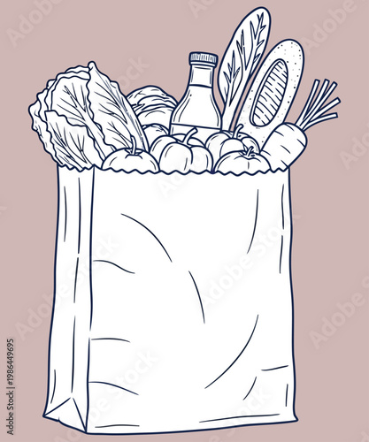 Illustration of a paper bag filled with fresh groceries and produce