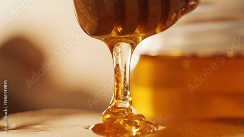 Macro shot of golden amber honey dripping slowly from a wooden dipper, showcasing thick viscous texture and translucent quality under warm lighting with a soft bokeh background.