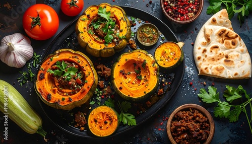 A black plate of roasted squash and vegetables on a dark surface