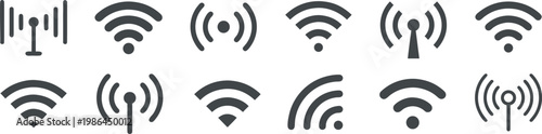 Wireless signal and wifi icon set with network connectivity symbols in minimal style. Clean monochrome vector collection for internet communication technology apps and UI design. Modern simple icons 