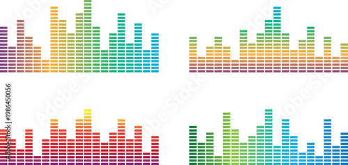 Colorful audio equalizer bar sets with vibrant gradient spectrum variations. Modern vector sound wave visualization for music apps DJ interfaces and digital media projects. Clean minimal design 
