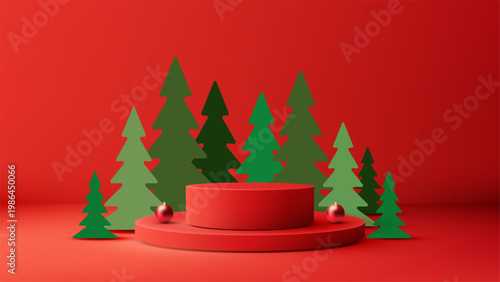 christmas holiday red festive background with 3d podium and glossy ornaments in a minimalist winter scene featuring stylized evergreen trees for seasonal product display