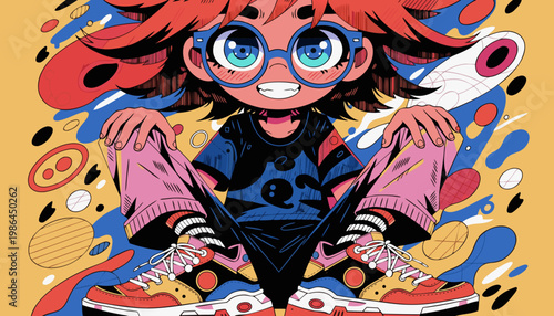 ポップな笑顔のキャラクターイラスト。Y2Kファッションとストリートスタイルのベクター背景デザイン