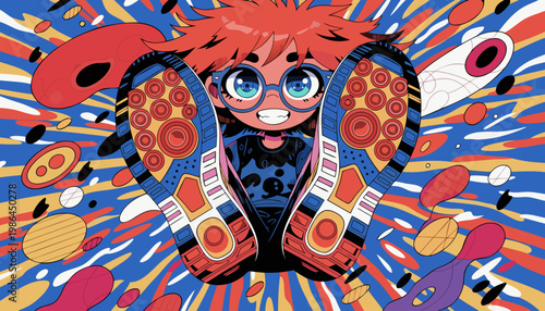 スニーカーの底を大胆に見せる少女のイラスト。ダイナミックな構図と鮮やかなポップアート。