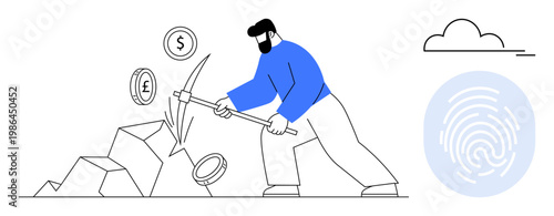 Cryptocurrency, blockchain technology, fintech, digital economy, data security, online transactions. A man mining coins with symbols and a fingerprint icon. Cryptocurrency and blockchain highlighted