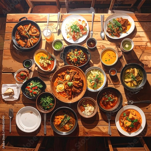 A rustic wooden table laden with an assortment of vibrant, steaming dishes