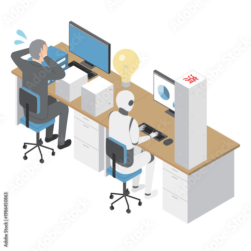 AIロボットに仕事を奪われる男性会社員・アイソメトリック