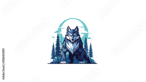Gray wolf standing in forest landscape.