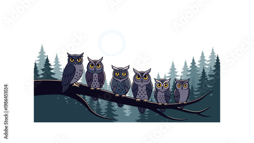 Group of owls on branch tree.