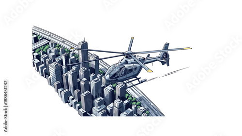 Helicopter flying over city skyline buildings.