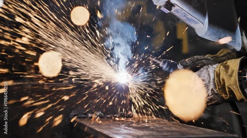 Close-up of an industrial welder wearing a protective helmet and gloves while using a torch to weld metal, producing a spray of bright orange sparks and smoke in a factory setting.