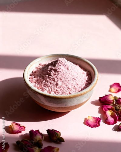 Pink Rose Powder in Bowl with Dried Rose Petals and Sunlight