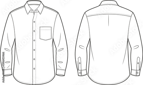Flat vector button-up shirt design, collar, pocket, cuffs, back yoke