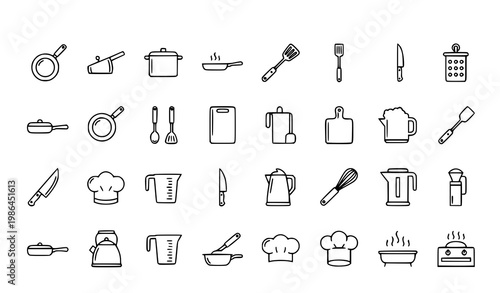 Kitchen utensil line icons set with cooking tools and culinary elements minimal outline vector collection