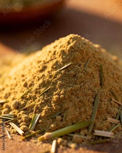 Pile of Lemongrass Powder with Kaffir Lime Leaves, Spice Mix Close-up