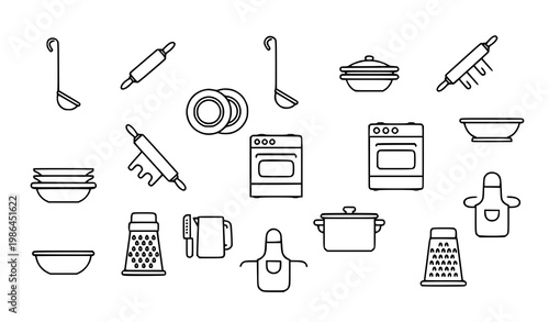Cooking and kitchen line icons scattered layout with utensils and food preparation tools vector illustration