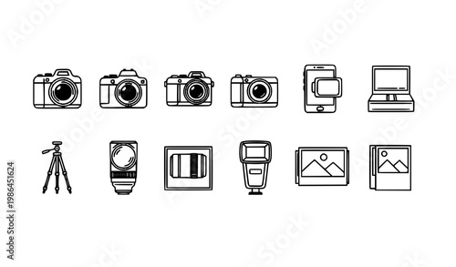 Black line photo vector icons set with 12 camera and photography illustrations on white background