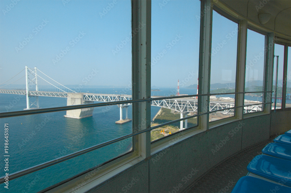 Naklejka premium Scenic view of the Great Seto Bridge and Seto Inland Sea from the Seto Ohashi Tower observatory.