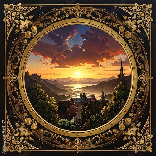 A serene sunset over a quaint town with a golden frame
