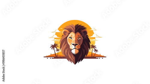 Lion Portrait Illustration with Sunset.