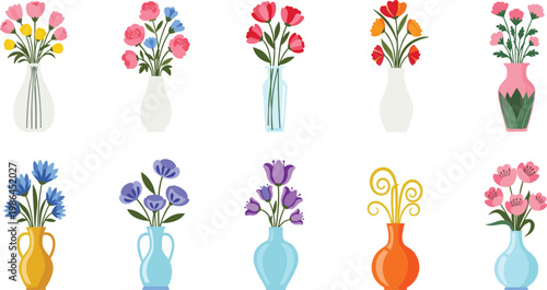 Flower Vase Collection Set with Elegant Floral Arrangements in Decorative Containers Vector Illustration Design for Home Decor