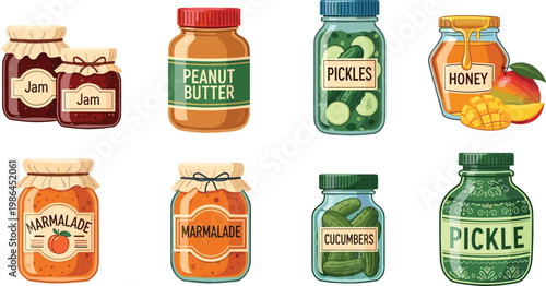 Food Jar Collection Set with Jam Peanut Butter Pickles Honey and Marmalade Vector Illustration Design