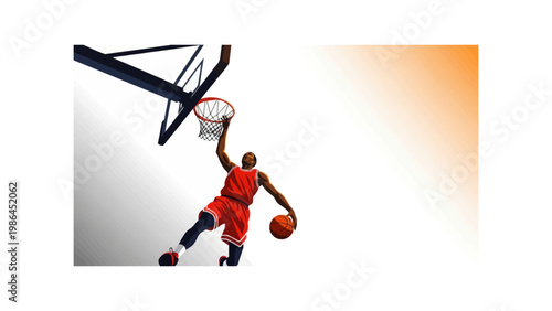Man in red jersey dunking basketball.