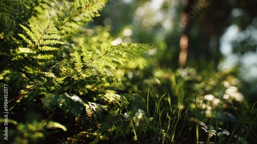 lush green fern leaves and grasses in dense forest with sunlight filtering through the trees