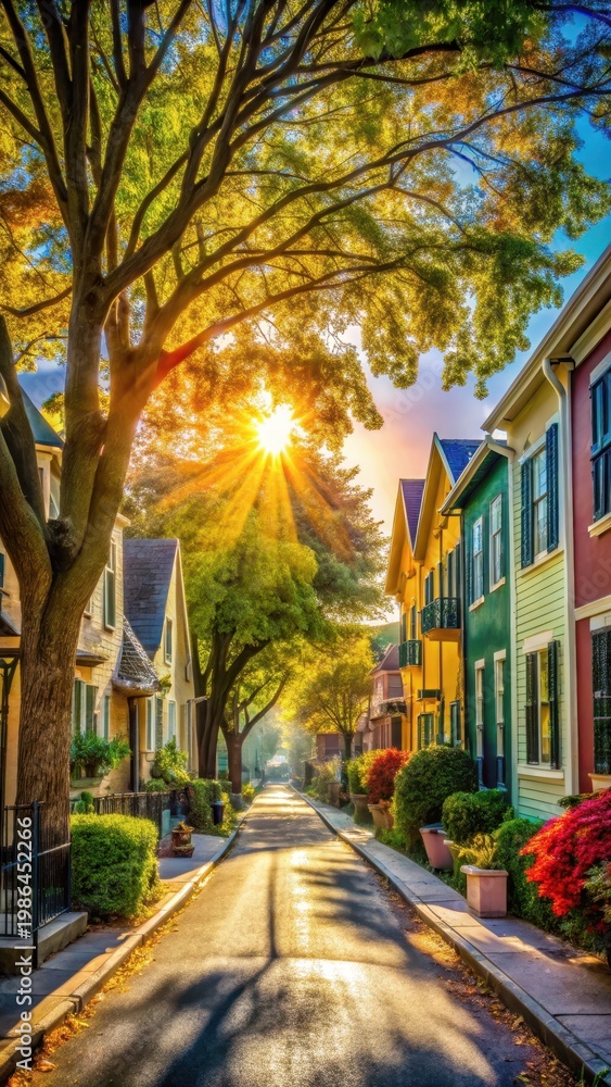 Fototapeta premium A photo of a bustling residential street with vibrant trees lining both sides, framed by colorful houses with shutters and gardens in the background