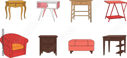 Home Furniture Collection with Tables Sofa Armchair Cabinets and Wooden Interior Decor Items Isolated Vector Design Set