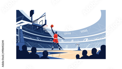 Man playing basketball in a stadium.