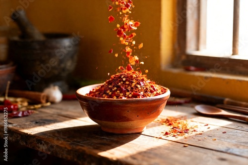 Thai chili flakes falling into rustic bowl with Asian ingredients