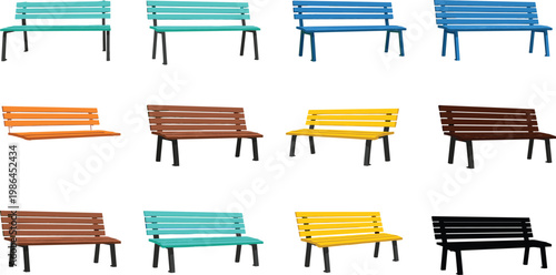 Park Bench Collection Set with Wooden Outdoor Seats in Various Colors for Garden Furniture Vector Illustration Design