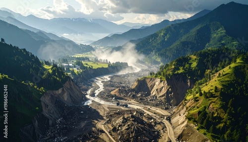 Aerial view of a rugged mountainous landscape with a winding river