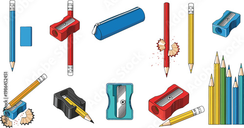 Pencil and Sharpener Stationery Collection with Eraser Cases and School Supplies Isolated for Education Office Vector Design Set