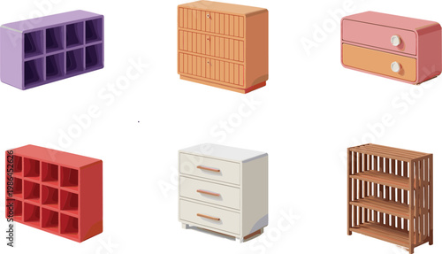 Storage Cabinet Collection Set with Shelves Drawers and Wooden Organizers for Home Furniture Vector Illustration Design