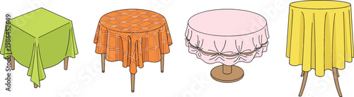 Tablecloth Covered Table Collection with Round and Square Dining Tables Draped in Fabric Vector Design Set