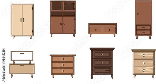 Wooden Cabinet Collection with Dressers Drawers Wardrobes and Storage Furniture for Home Interior Vector Design Set