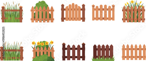 Wooden Garden Fence Collection with Picket Panels Grass Bushes and Floral Outdoor Borders Vector Design Set