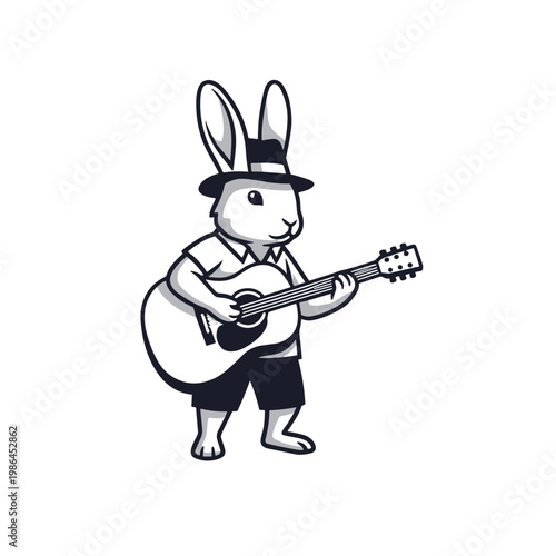 Rabbit Musician Mascot Character Playing Acoustic Guitar Vector Illustration