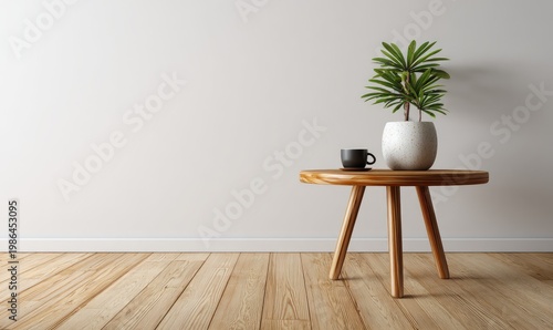 Minimalist interior with plant and coffee cup on a wooden side table