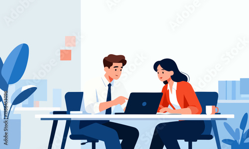 Flat vector illustration of two young professionals, a man and a woman, collaborating while reviewing work on a laptop in a corporate office setting