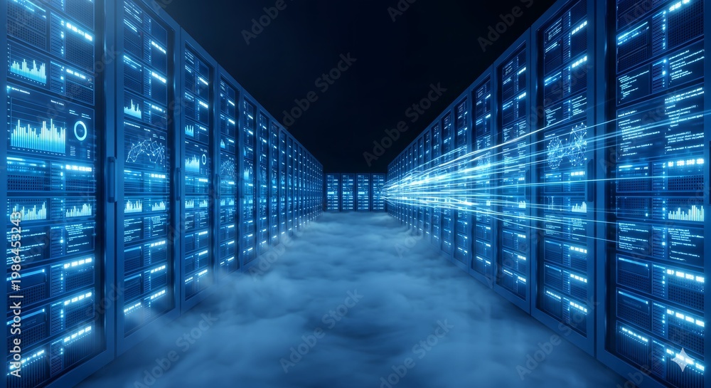 Fototapeta premium Data Center Server Room Blue Glow