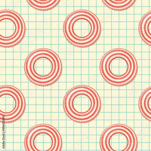 Red and white striped inflatable swimming rings against a checkered background. A summery, sunny seamless pattern with floating rubber rings on school paper.