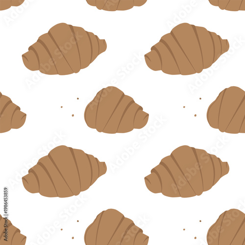 Croissant whole and bitten with crumbs Minimalist Seamless Pattern National Croissant Day background. Isolated Vector illustration Food Poster, Menu Card, Promo or Print materials Backdrop label, tag
